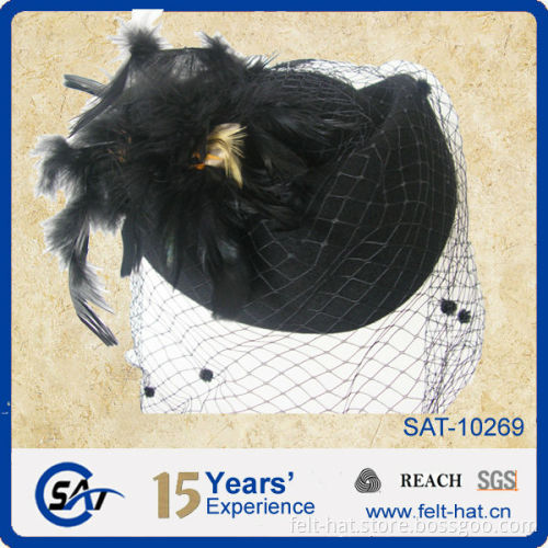 black pure WOOL Felt Hat/cap for winter races wedding,feathers and dot veiling